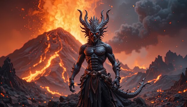 Powerful mythical creature stands amidst a fiery volcanic landscape.