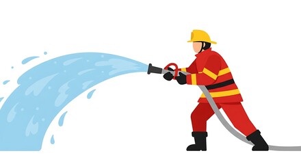 Firefighter Aiming Water Hose Spraying Powerful Stream
