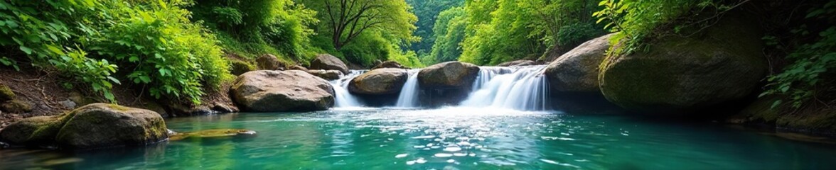 Fototapeta premium Crystal clear water cascading down a verdant hillside, sunlight illuminating the flowing stream and lush greenery A picturesque scene of natural beauty , lush, water droplets