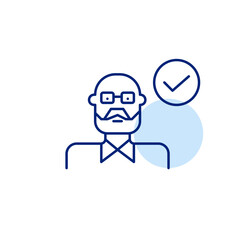 Senior membership confirmed. Elderly man and checkmark. Pixel perfect, editable stroke vector icon