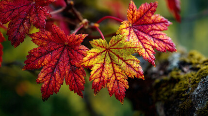 Close up of vibrant maple leaves showing autumn colors with water droplets on a branch