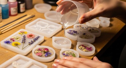 A crafter pours clear liquid resin into silicone molds filled with colorful dried flowers to create handmade jewelry.