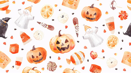 Watercolor Halloween pumpkins, candies, ghost, festive seamless holiday pattern