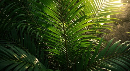 Lush green palm fronds bathed in warm sunlight, creating a tropical and serene atmosphere with dappled light filtering through the dense foliage