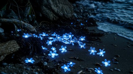 Mystical Blue Flowers Illuminated on Shoreline A Serene Coastal Scene at Dusk
