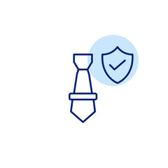 Business tie, shield and checkmark. Approved dress code, career reliability. Pixel perfect, editable stroke vector icon