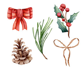 Set of watercolor illustrations. Hand drawn New Year elements for decoration. Red bow, pine cone, holly branch, rope bow, fir branches isolated on white background. Winter design.