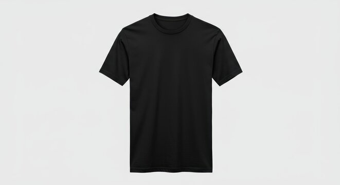 A black tshirt laid flat on a white background