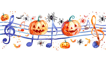 Cute smiling orange pumpkin with musical notes in watercolor, Halloween theme.
