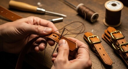 Hands sewing leather belt with needle and thread, crafting handmade item.