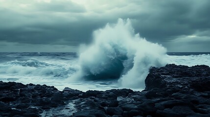 Powerful ocean wave crashing against rugged coastal rocks under a dramatic, stormy sky