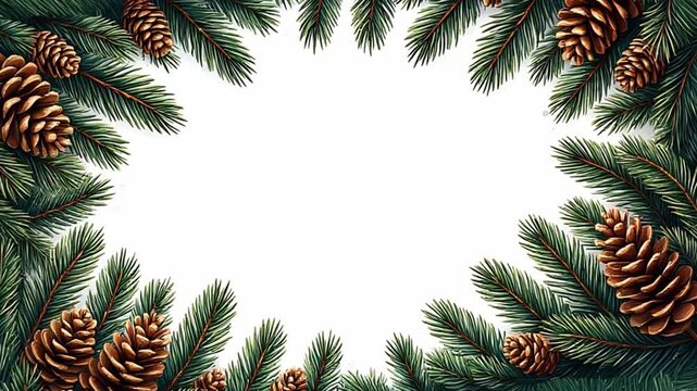 A border of green pine branches with brown pine cones surrounds a blank white space. Ideal for holiday-themed designs or seasonal decorations.