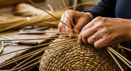 A craftsperson's hands meticulously weaving a traditional basket from natural reeds or straw.