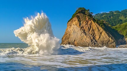 Powerful Ocean Wave Crashing Against a Rocky Cliffside with Lush Greenery