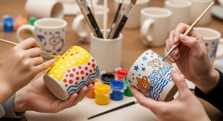 Close-up shot of people painting ceramic mugs with colorful designs and patterns.