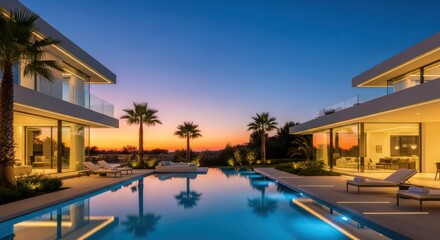 Luxurious Modern Villas with Infinity Pool Reflecting a Vibrant Sunset Sky.
