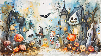 Halloween night haunted house with pumpkins bats ghost and moon