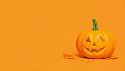 Carved halloween jack o lantern pumpkin with scary face on orange background