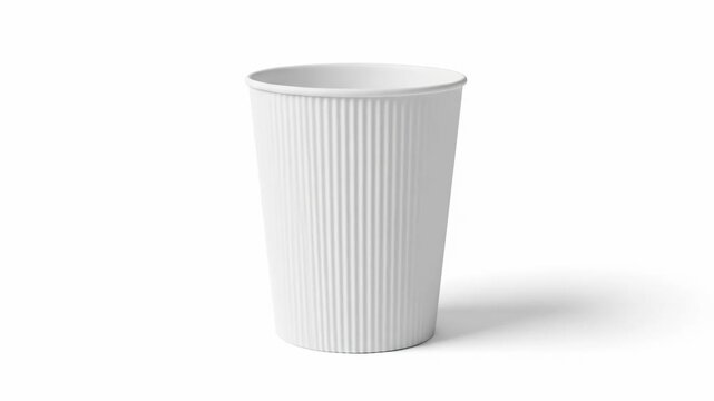 A white, vertical paper cup with vertical ribbed texture and a rounded lip, against a bright white background. Shadow is visible
