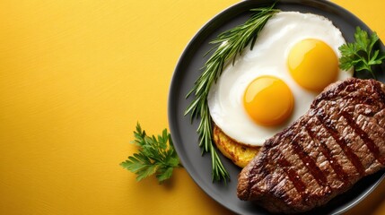 Delicious breakfast meal featu sunny side up eggs crispy steak fresh herbs and toasted bread served on a black plate with vibrant yellow background