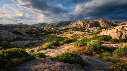 Obraz premium A scenic landscape featuring rocky hills, lush greenery, and a dramatic cloudy sky above it all