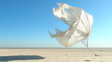 White umbrella broken in the wind on a sandy beach under a clear blue sky