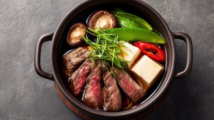 Delicious Asian style hot pot with fresh vegetables and tender sliced meat served in a traditional clay pot for comforting meal experience