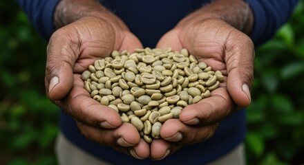 Hands holding raw coffee beans closeup