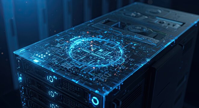Server Rack with Abstract Glowing Blue Circuitry Pattern in Dark Data Center - Powered by Adobe