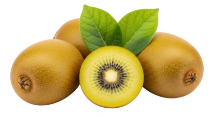 Golden kiwis with fresh green leaves on a black background