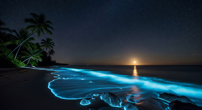 Mesmerizing tropical night on a pristine beach, featuring brilliant blue bioluminescence in the ocean waves under a canopy of stars and a luminous moon - Powered by Adobe