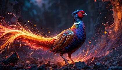 Fototapeta premium A vibrant pheasant, adorned with fiery, flowing plumage, commands attention amidst a dramatic, dark scene.