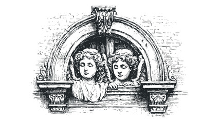 Two cherub sculptures peeking over stone ledge in vintage style. Vector hand drawn illustration