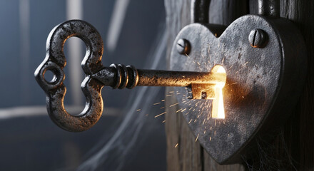 Old rustic key unlocking a glowing heart-shaped lock