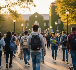 Black college student going back to school with crowd of students