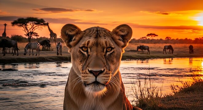a lioness gazes intently at sunset near watering hole