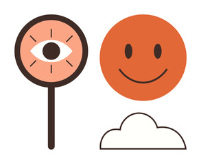 Eye on magnifier emphasizes focus, orange smiling sun radiates positivity, cloud suggests lightness. Ideal for creativity, mindfulness, optimism, vision, clarity personal growth self-awareness. A