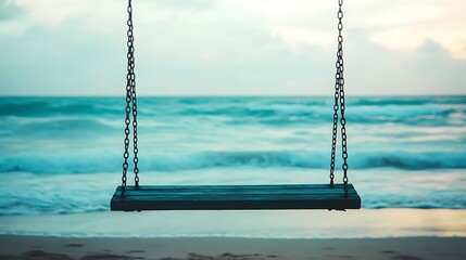 An empty swing set patiently waits on a peaceful sandy beach as gentle ocean waves softly roll in under a serene sky