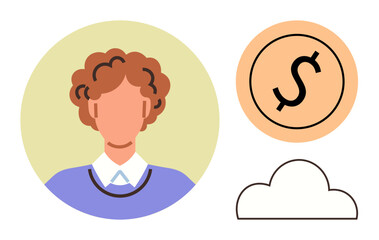 Abstract representation of human profile, money, cloud. Ideal for finance, technology, e-commerce, investment, digital innovation online identity remote work. Simple flat metaphor
