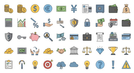 A large collection of colorful hand-drawn doodle icons representing finance, business, and money concepts.