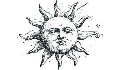 Obraz premium Whimsical sun face with rays and starbursts, graphic element. Vector hand drawn illustration