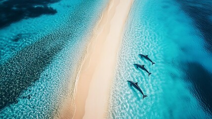 Dolphins Swimming Near Sandbar on Turquoise Ocean