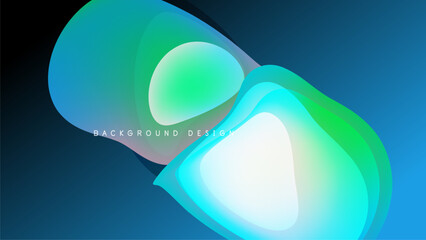 Abstract fluid shapes overlap, creating vibrant color gradients. Dark background emphasizes bright blues, greens, cyan hues. Modern design element.
