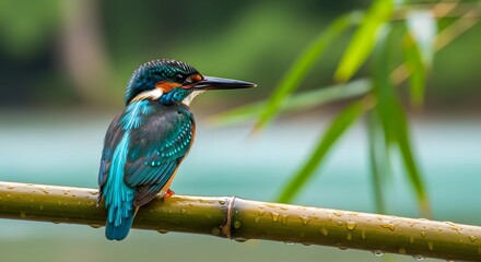 Kingfisher perched on wet bamboo branch with turquoise feathers and sharp beak, raindrops glistening on bamboo with soft green background, tropical riverside bird portrait highlighting exotic wildlife