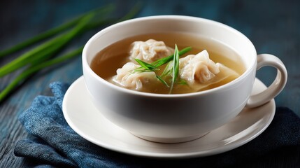 Warm bowl of traditional chicken dumpling soup with fresh herbs served in a white cup on a rustic table for comfort food, cozy meal, healthy eating, and cuisine