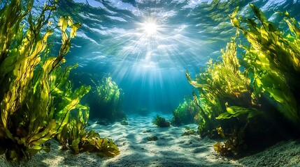 Breathtaking underwater vista with sunbeams piercing clear blue water, casting light on lush green aquatic plants