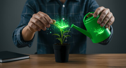 A person diligently cultivates a vibrant, glowing green plant, symbolizing innovative business expansion, sustainable investment, and future technological advancement.