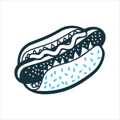 Stylized Hot Dog Illustration on White Hot Dogs Bun with sausage peeking out