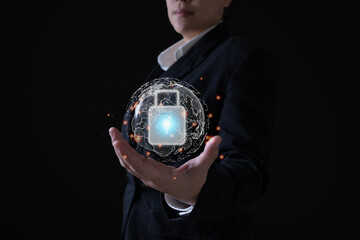 Global cybersecurity concept showing businesswoman holding digital globe with padlock symbol, representing data protection, secure network, global privacy, and digital information safety.
