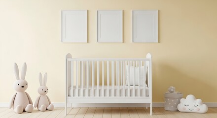 Baby Nursery Room with Crib and Pictures.